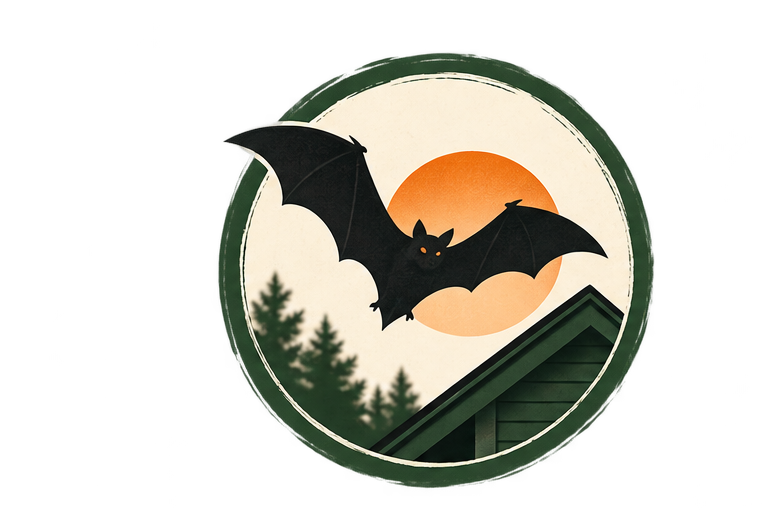 A silhouette of a bat flying in front of an orange sunset with trees and a house roof in the background.