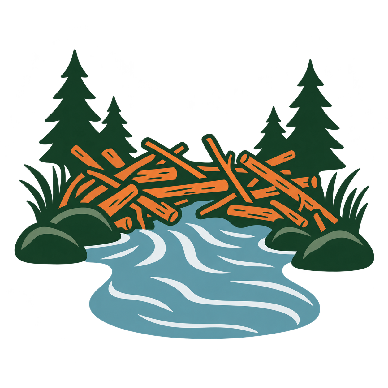 A river flowing through a forest with tall pine trees and a fallen log in the background.