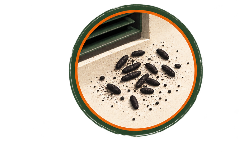 Black ants on a windowsill with black droppings.