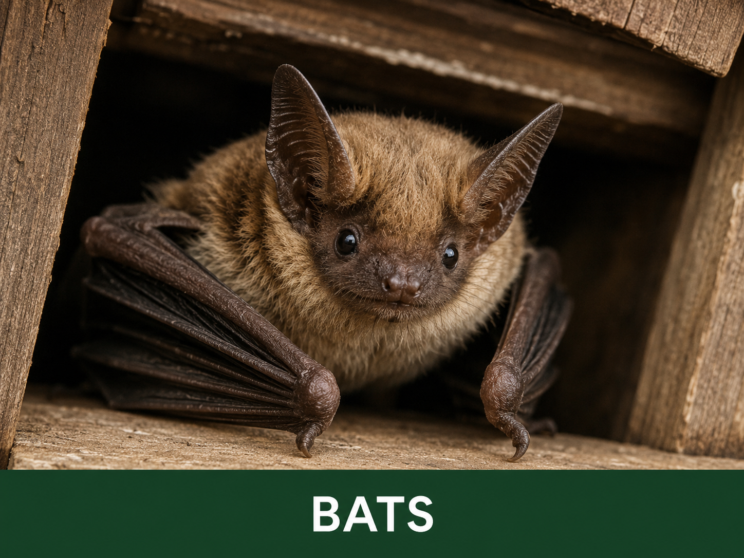 Close-up of a bat with large ears and brown fur, hanging in a wooden shelter.