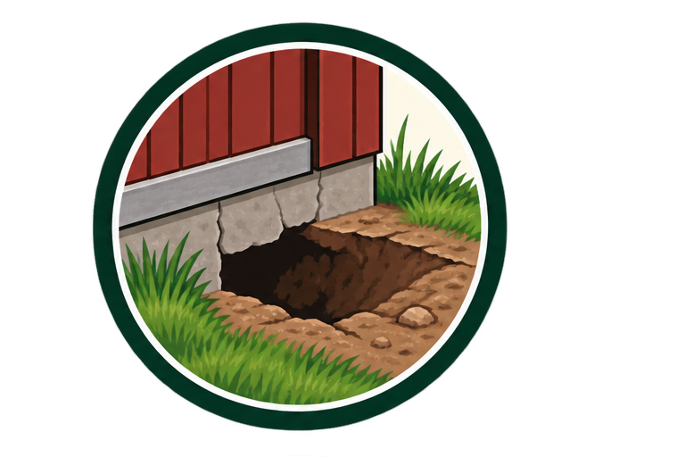 A hole dug near the corner of a house with a red wooden exterior, surrounded by green grass.