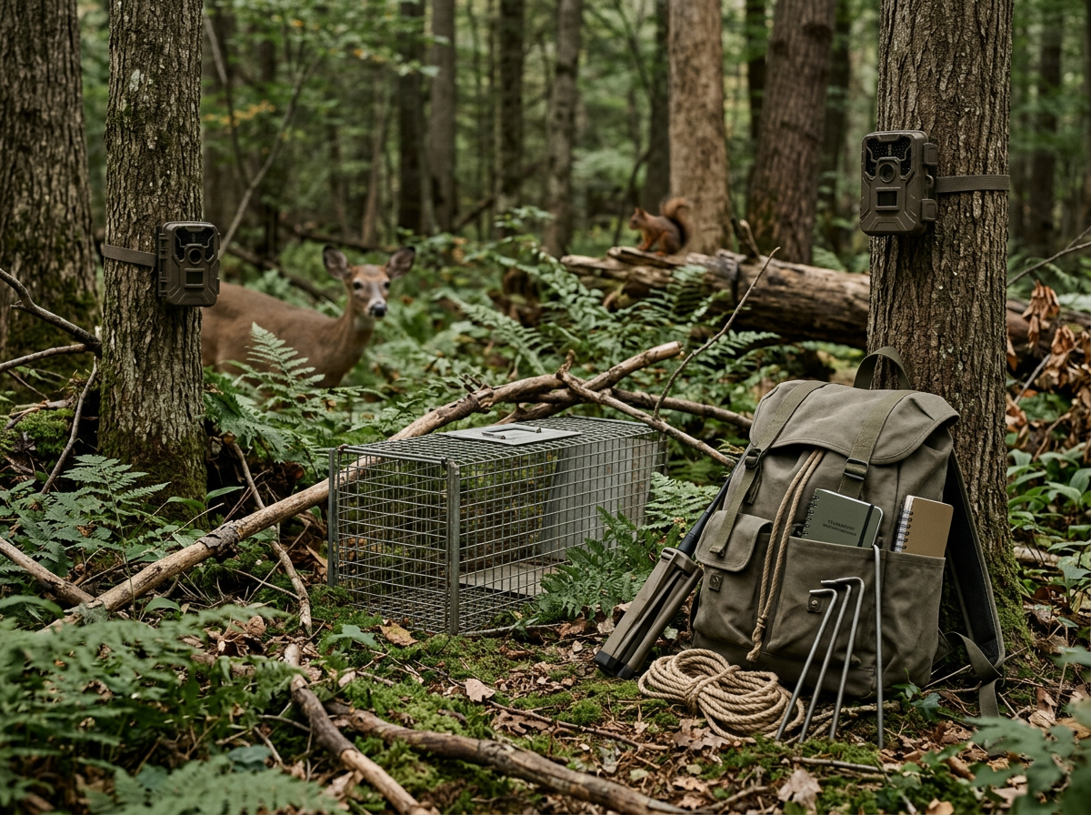Camera trap setup in a forest with a deer and a squirrel, a backpack with notebooks, a tripod, a rope, and a metal cage on the ground.