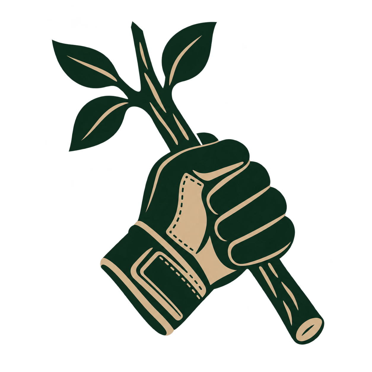 Illustration of a hand wearing a glove holding a plant branch.