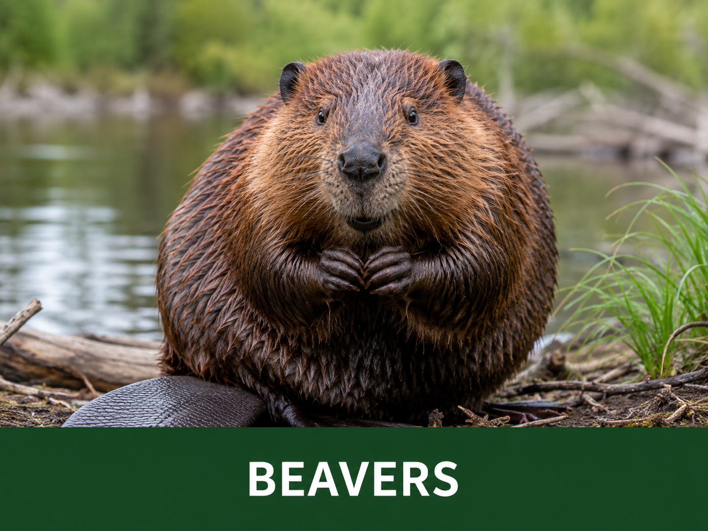 Close-up of a beaver sitting by a river, with wet fur and front paws clasped together, surrounded by green foliage and water.