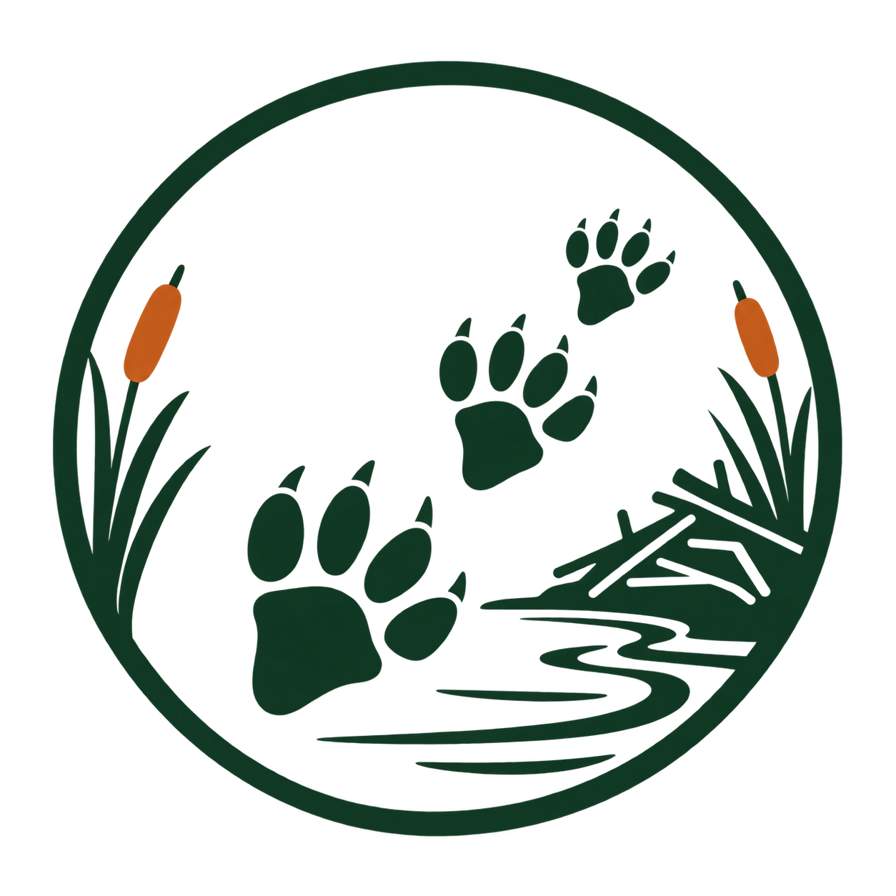 A circular emblem featuring paw prints, cattails, and a stream, symbolizing nature and wildlife.