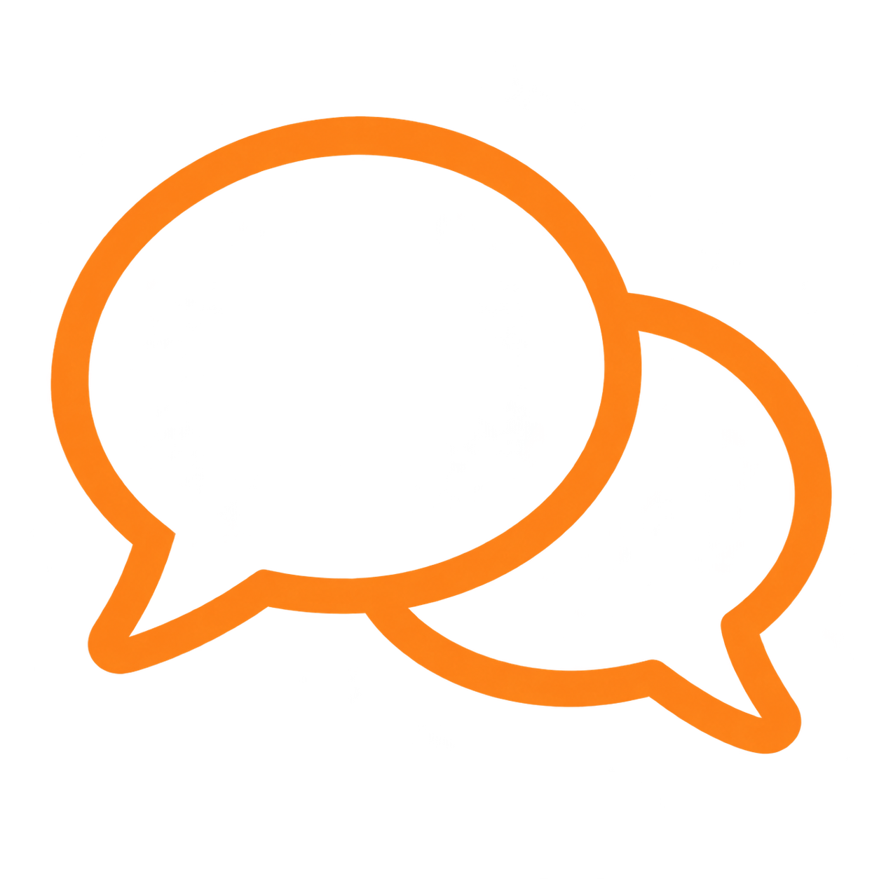Two overlapping speech bubbles, one orange and one light brown, with a black circle in the overlapping area, representing conversation or communication.