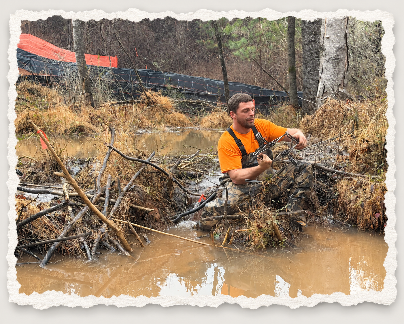 A man wearing camouflage waders and an orange shirt kneels in muddy water, removing debris and branches from a flood-damaged area in a forested environment.