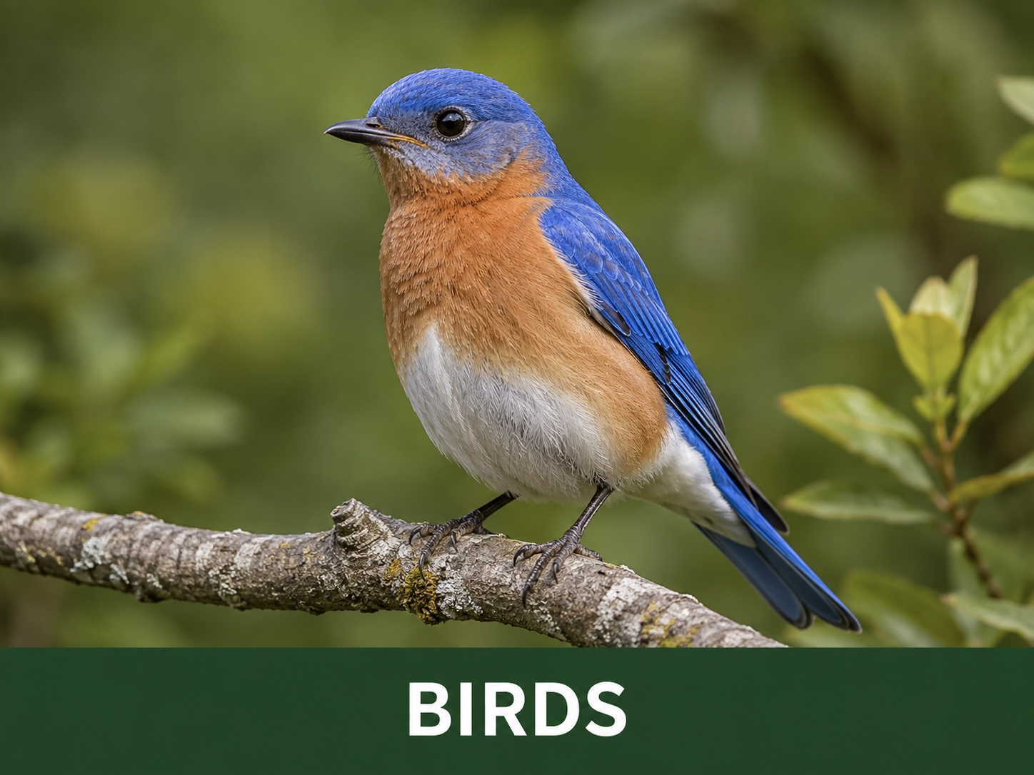 A vibrant blue and orange bird perched on a tree branch with green foliage in the background, labeled 'BIRDS'.