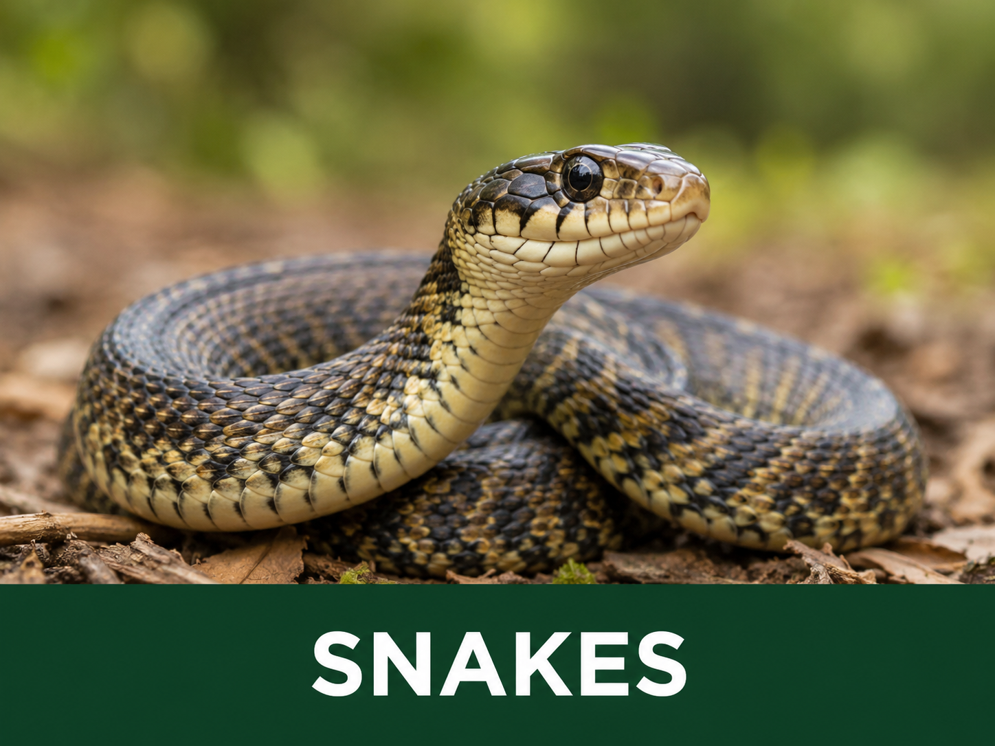 Close-up of a snake on the forest floor, coiled with its head raised, showing scales and eye details, background is blurry greenery with fallen leaves and twigs.