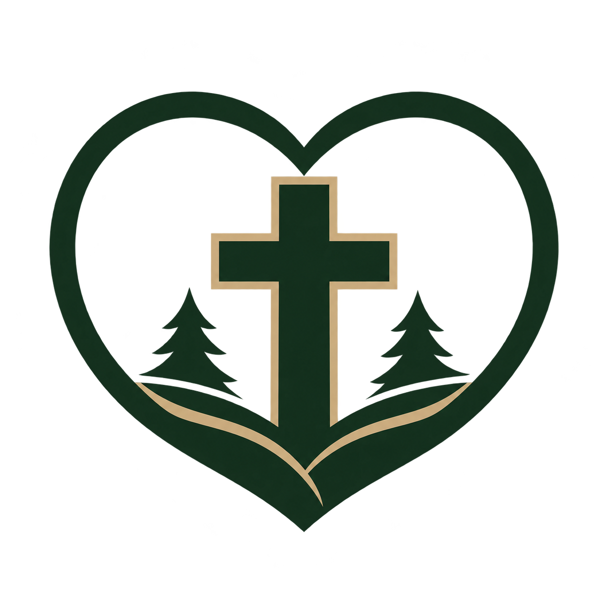 A logo with a green heart outline surrounding a cross and two pine trees, symbolizing faith, nature, and care.