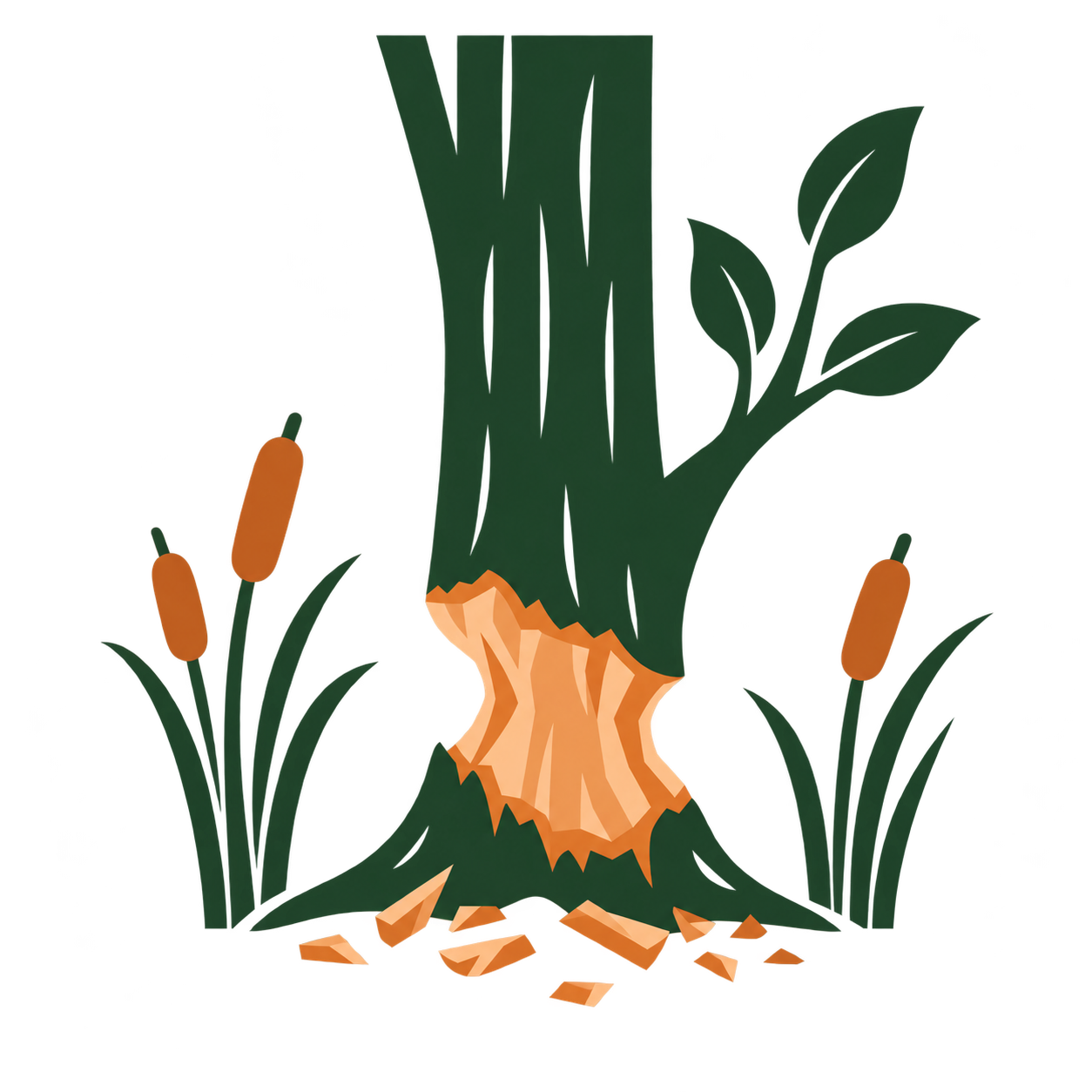 Illustration of a tree with a large, chopped trunk and green foliage, surrounded by cattails and grass.