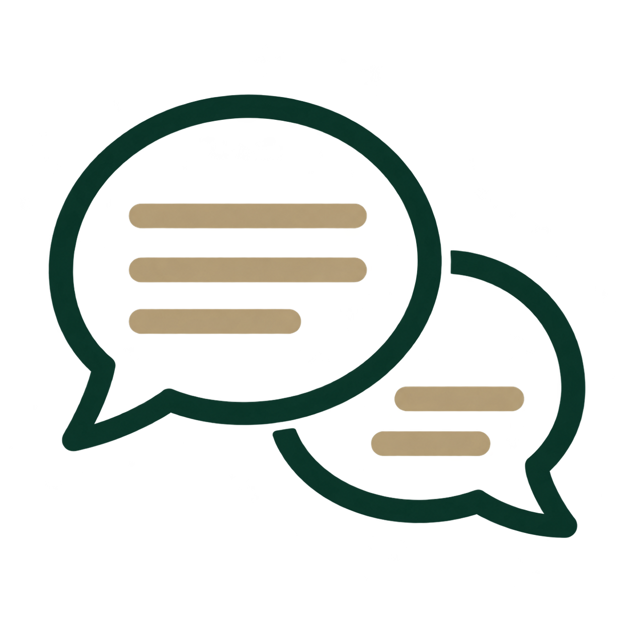 Two overlapping speech bubbles, one large and dark green, the other smaller and red, with three yellow text lines inside the larger bubble.