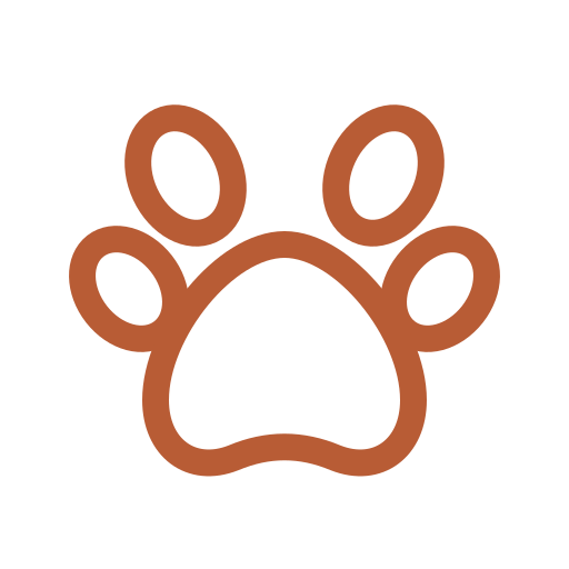 Stylized brown paw print icon with four toe pads and one larger pad on a black background.