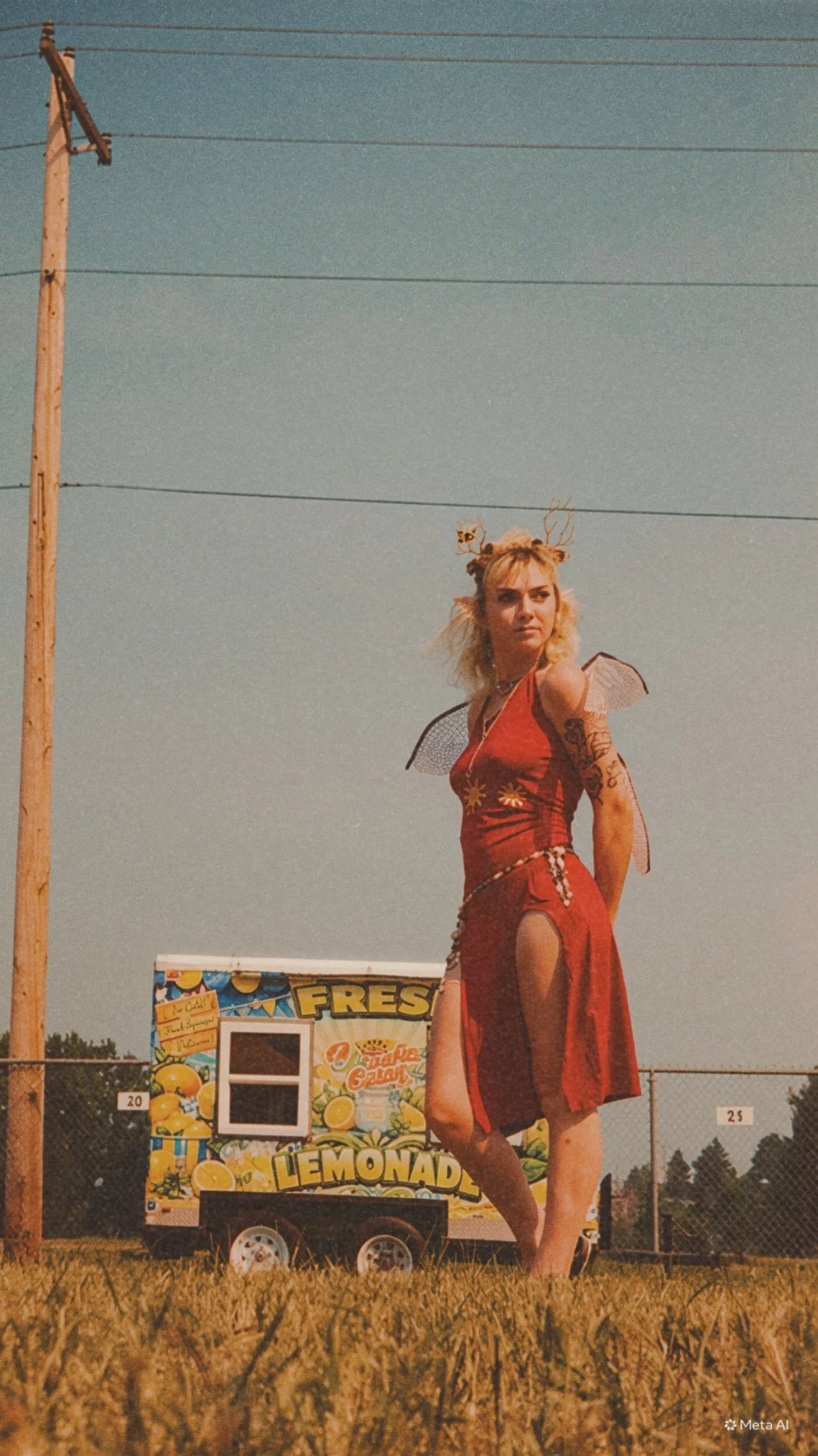 A woman dressed in a red dress with a thigh-high slit, wearing fairy wings and a headband with deer antlers, standing outdoors near a lemon-themed lemonade stand under a clear sky.