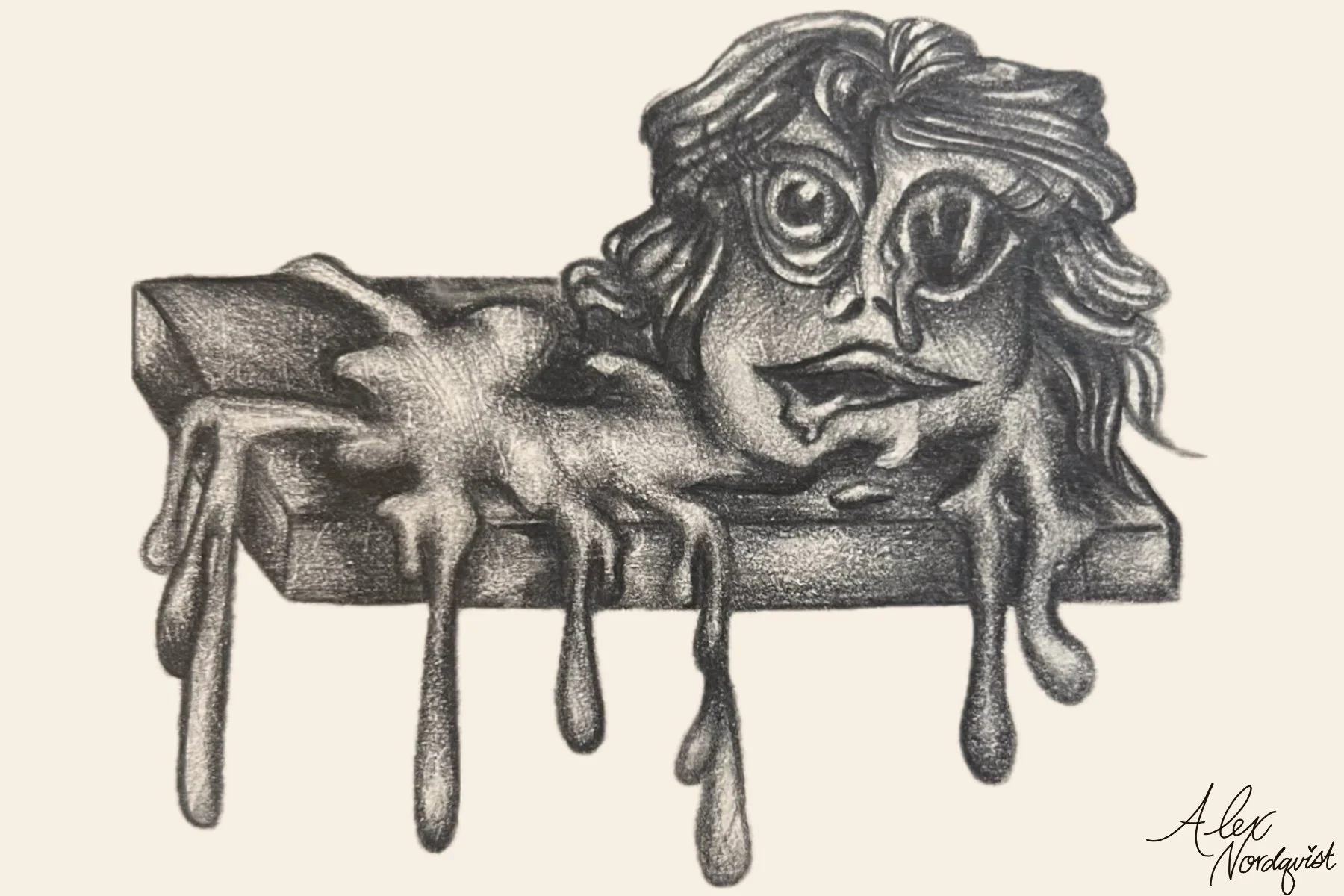 Drawing of a lion's head with a crown of mane, melting and dripping onto a surface, signed 'Alex Nordquist'.