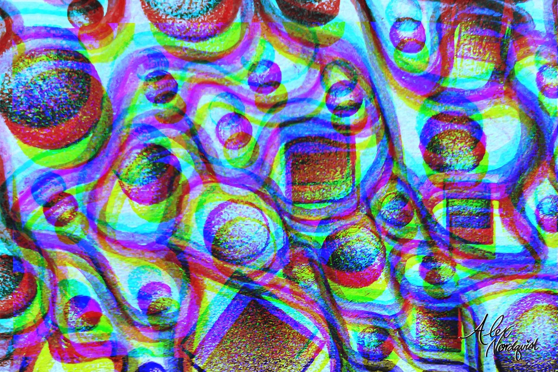 A vibrant abstract painting featuring numerous overlapping circular shapes in bright colors such as red, blue, green, purple, and yellow. The composition is highly textured with a layered, psychedelic appearance. The artist's signature, 'Alex Nordquist,' is visible in the bottom right corner.