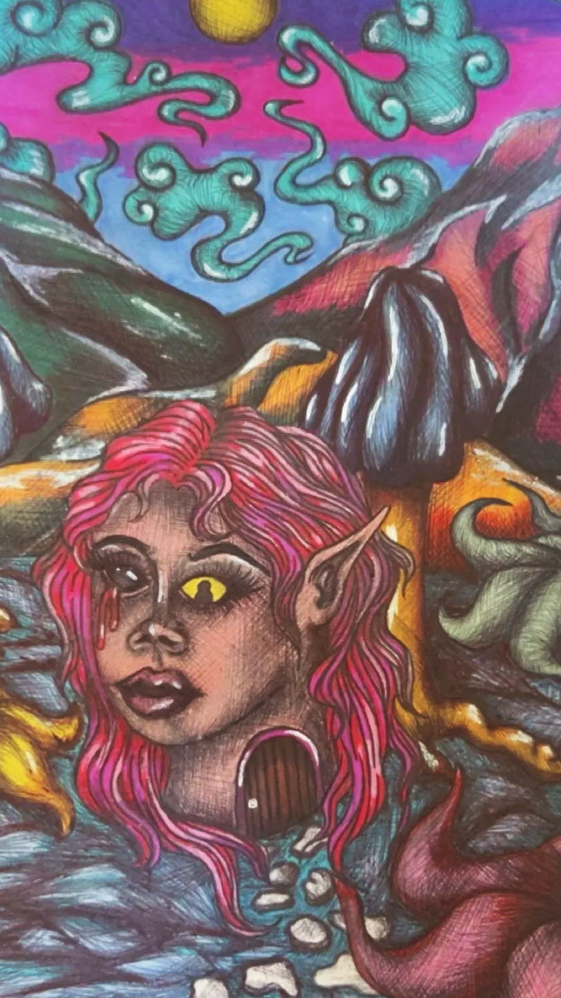 A colorful fantasy landscape featuring a female elf with pink hair, dripping from her eye, yellow eye, and elf ears. She is surrounded by flowing, swirling clouds, mountains, and a dark door in the rocks, with a vibrant sky transitioning from purple to pink and blue.