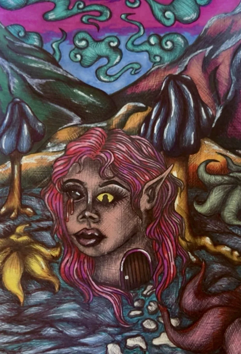 A fantasy illustration of a female elf with pink hair, yellow eyes, and pointed ears, surrounded by vibrant nature, mountains, and swirling clouds in an artistic style.