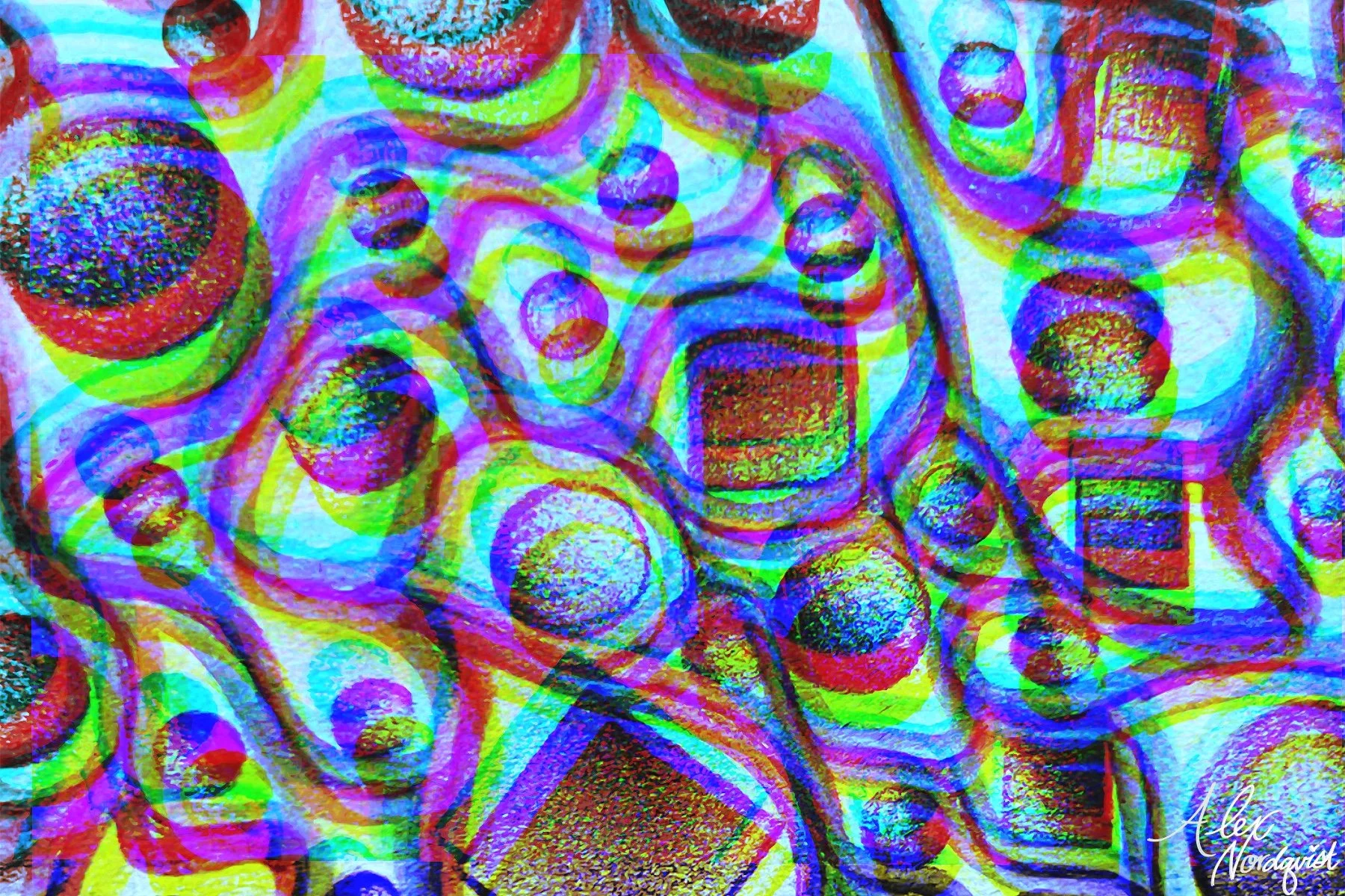 Colorful abstract artwork with overlapping circular patterns in bright neon colors and textured details.