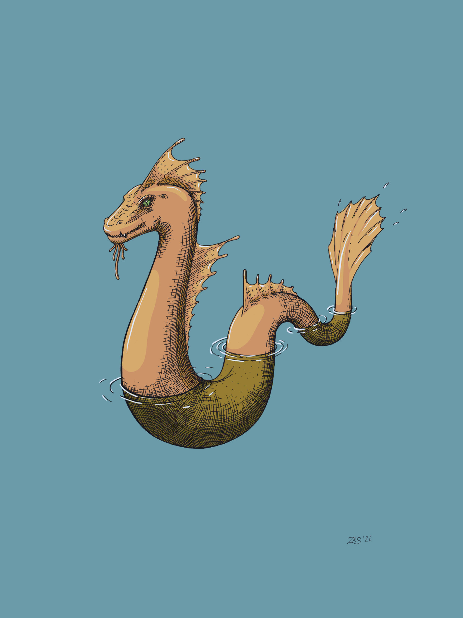 A pale orange sea serpent with small catfish-like whiskers extending beneath its chin, a spiny crest on its head, neck, and midsection, with a spiny horizontal paddle tail. Its eyes are bright green.