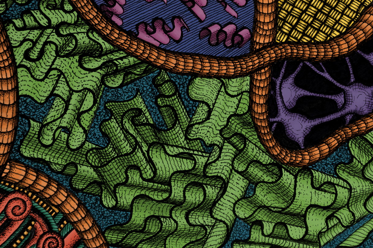 An abstract piece. Intricate line art depicting various unique textures with simple color palette fill.