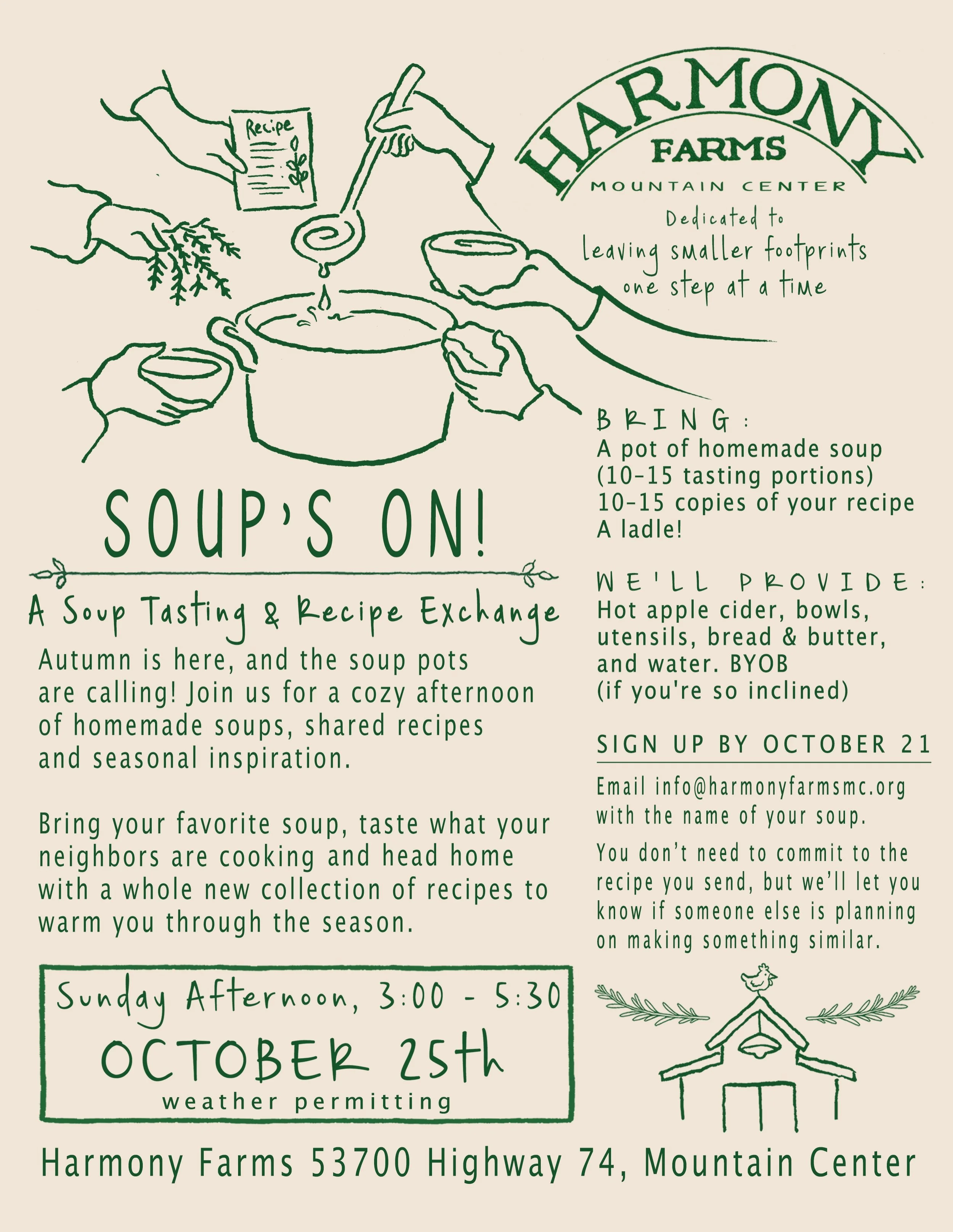 Let&rsquo;s swap a few soupy secrets from the kitchen. 🍲

Join us Sunday, October 25th for a FREE Soup Tasting &amp; Recipe Exchange at Harmony Farms. Bring a pot of your favorite homemade soup, copies of the recipe, and an appetite for something ne