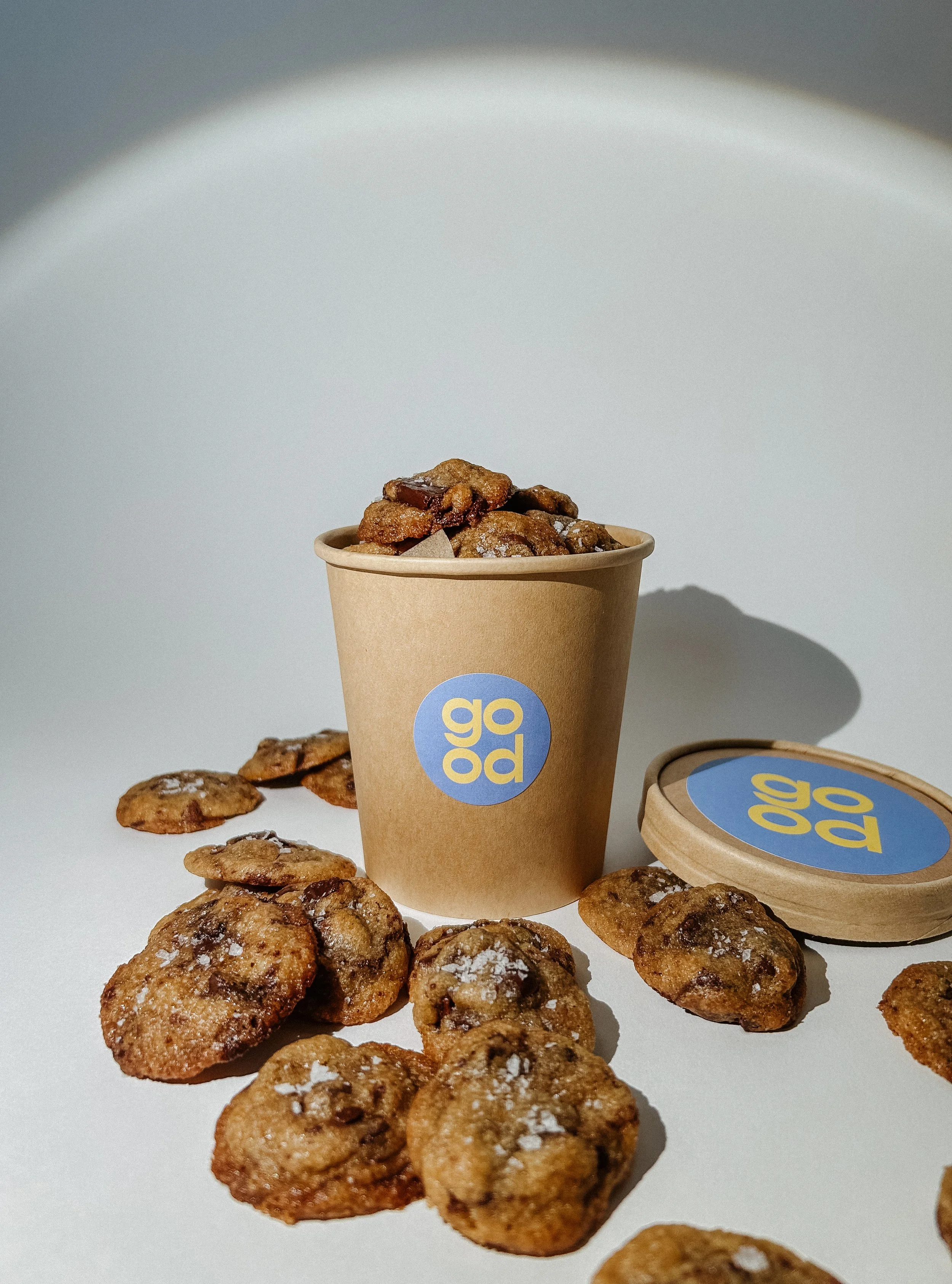 Mini chocolate chip cookies in a bucket at the Orange County farmers market.