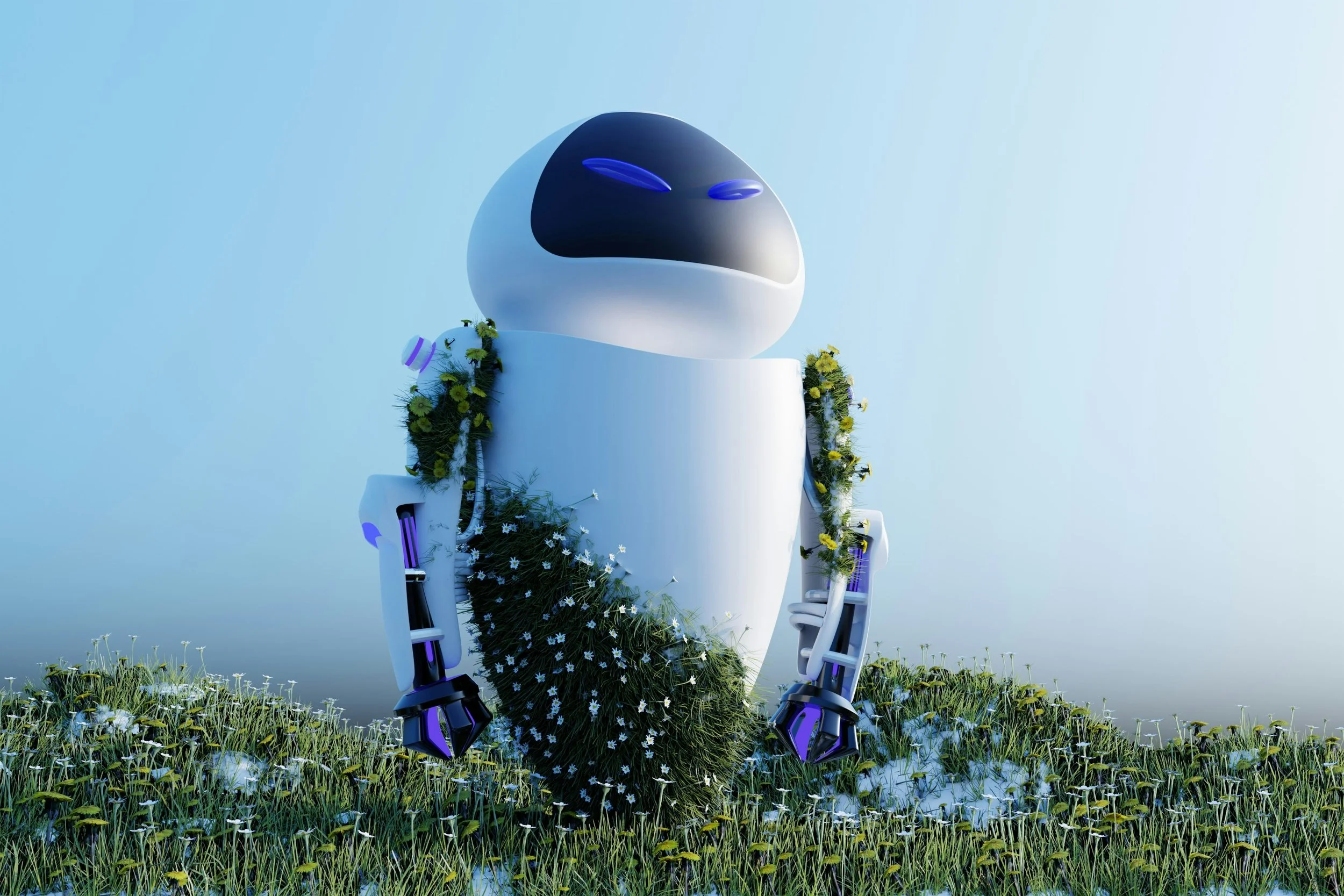 A robot with a white body and black faceplate standing in a grassy field with small white flowers, decorated with flowers and greenery.