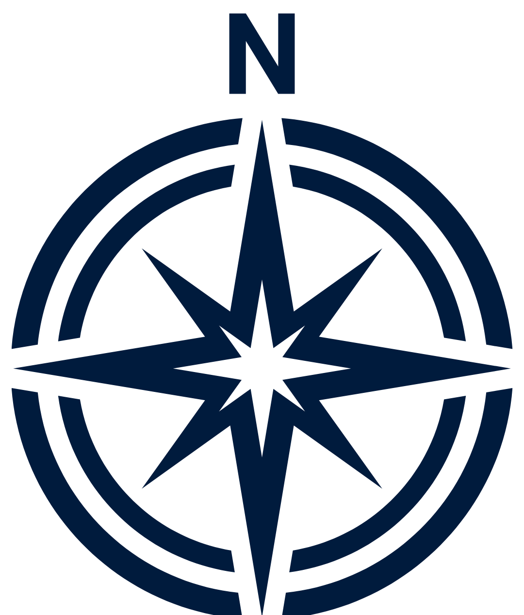 A navy blue compass rose with North indicated at the top.