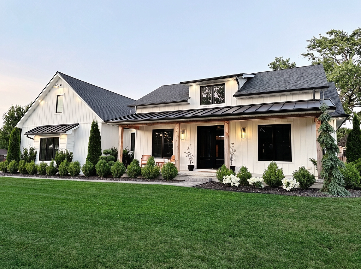 Modern suburban house with white exterior, black roof, front porch with seating, landscaped lawn and bushes, and trees in the background.