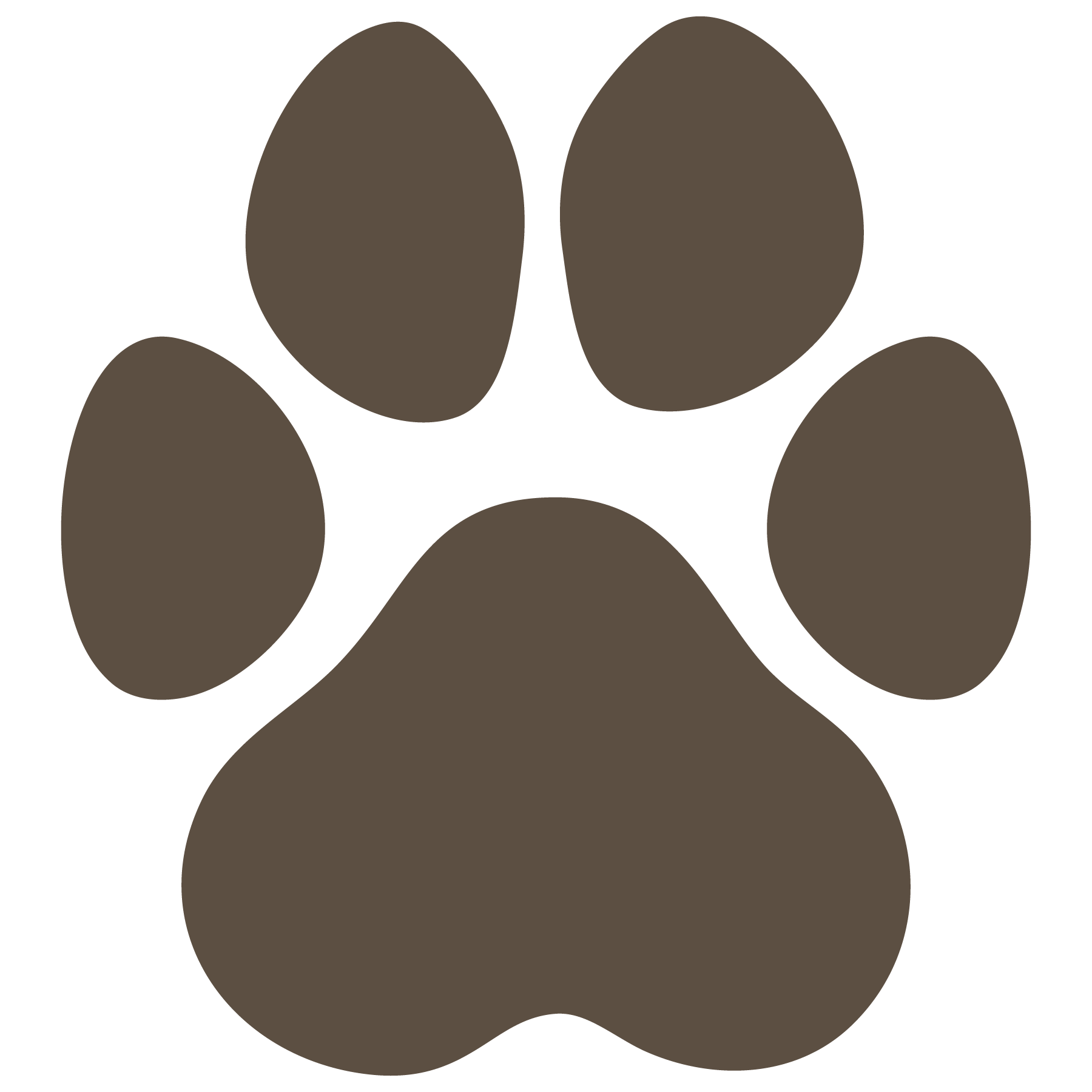 A digital illustration of a dog paw print with five oval-shaped toes and a larger pad at the bottom.