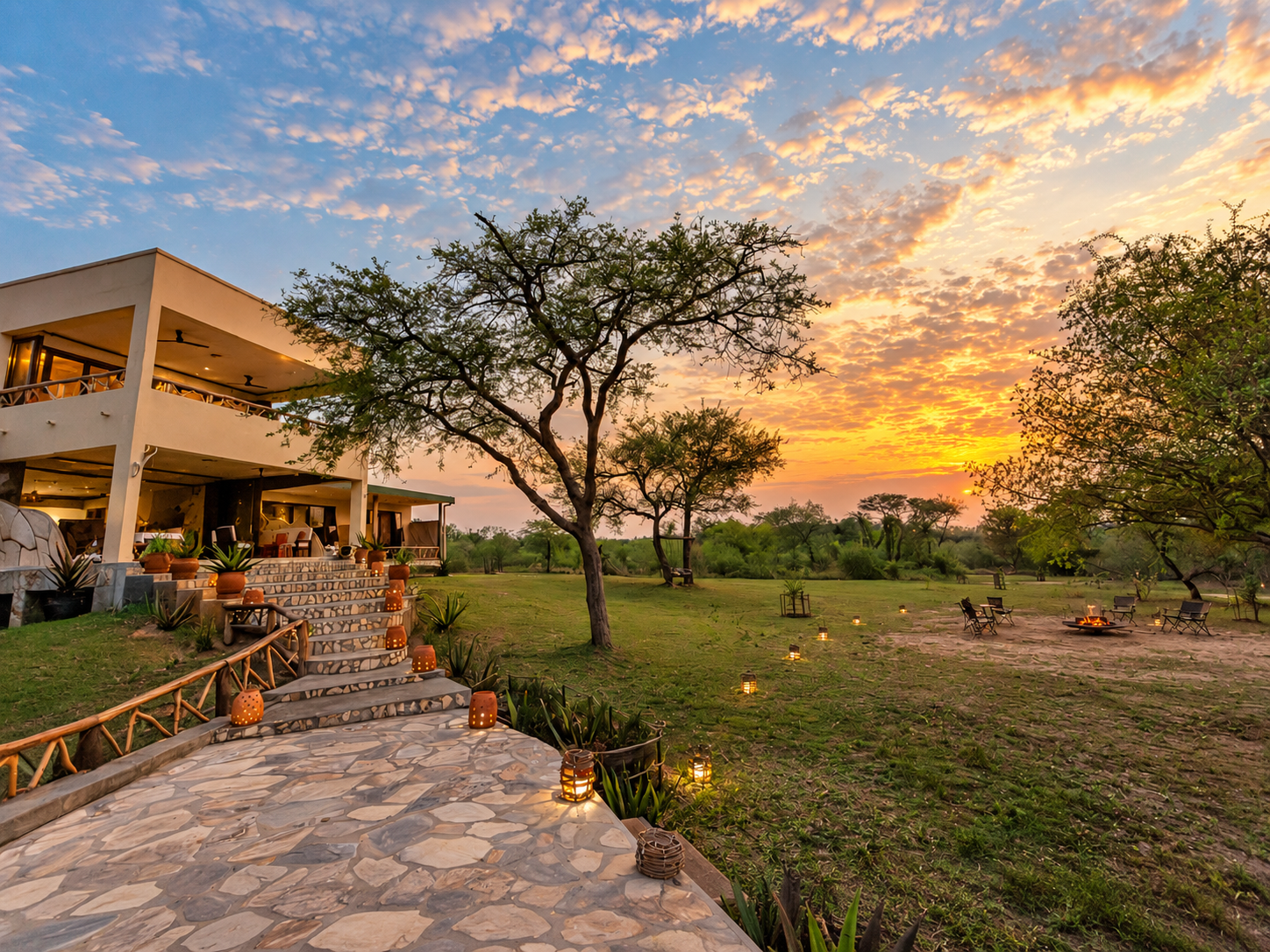 A scenic sunset view outside a modern two-story house in a lush green lawn, with lit lanterns along a stone pathway, trees, outdoor seating, and a fire pit.