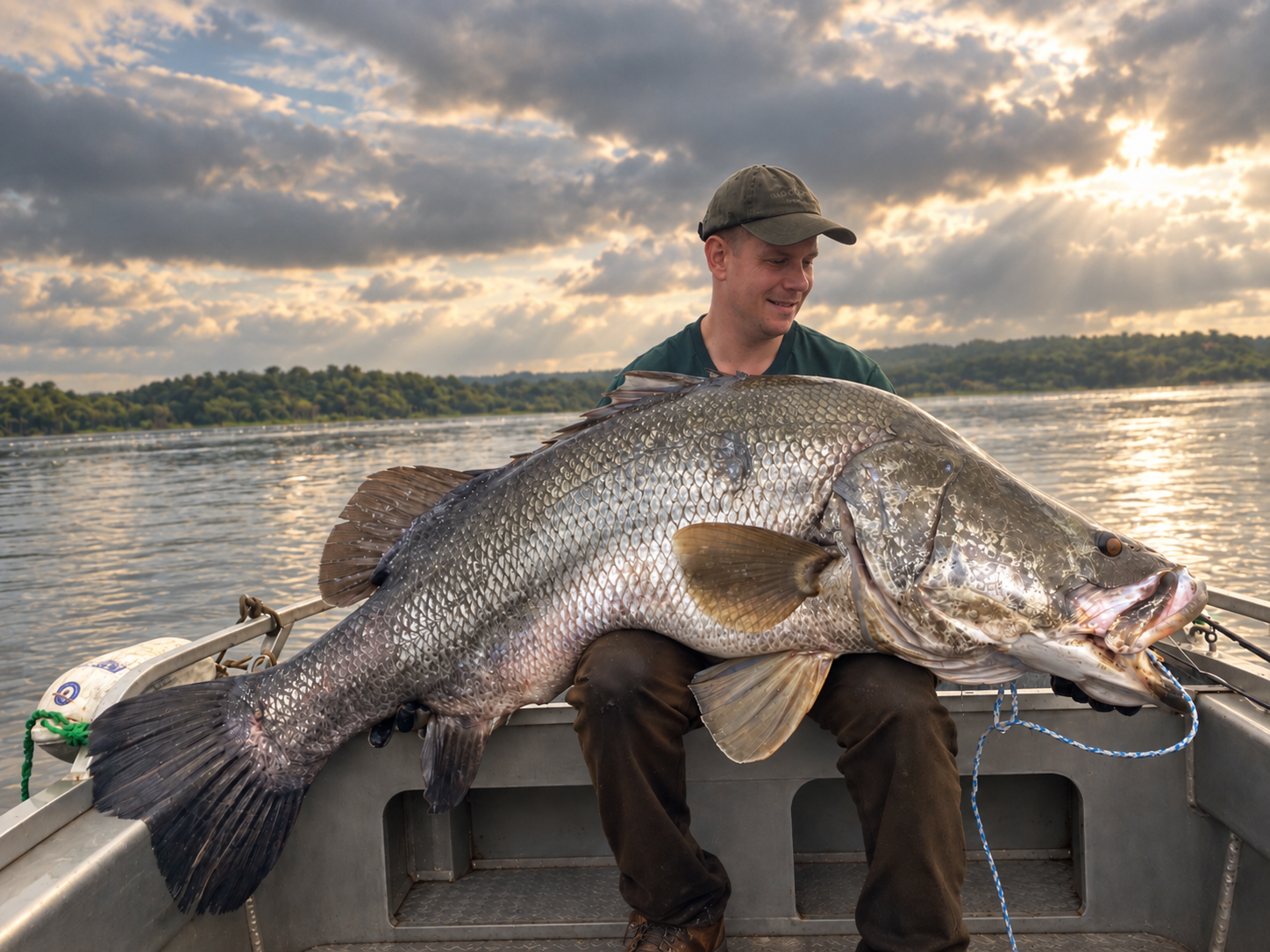 Man sitting in a boat holding a large fish with water and trees in the background during sunset.