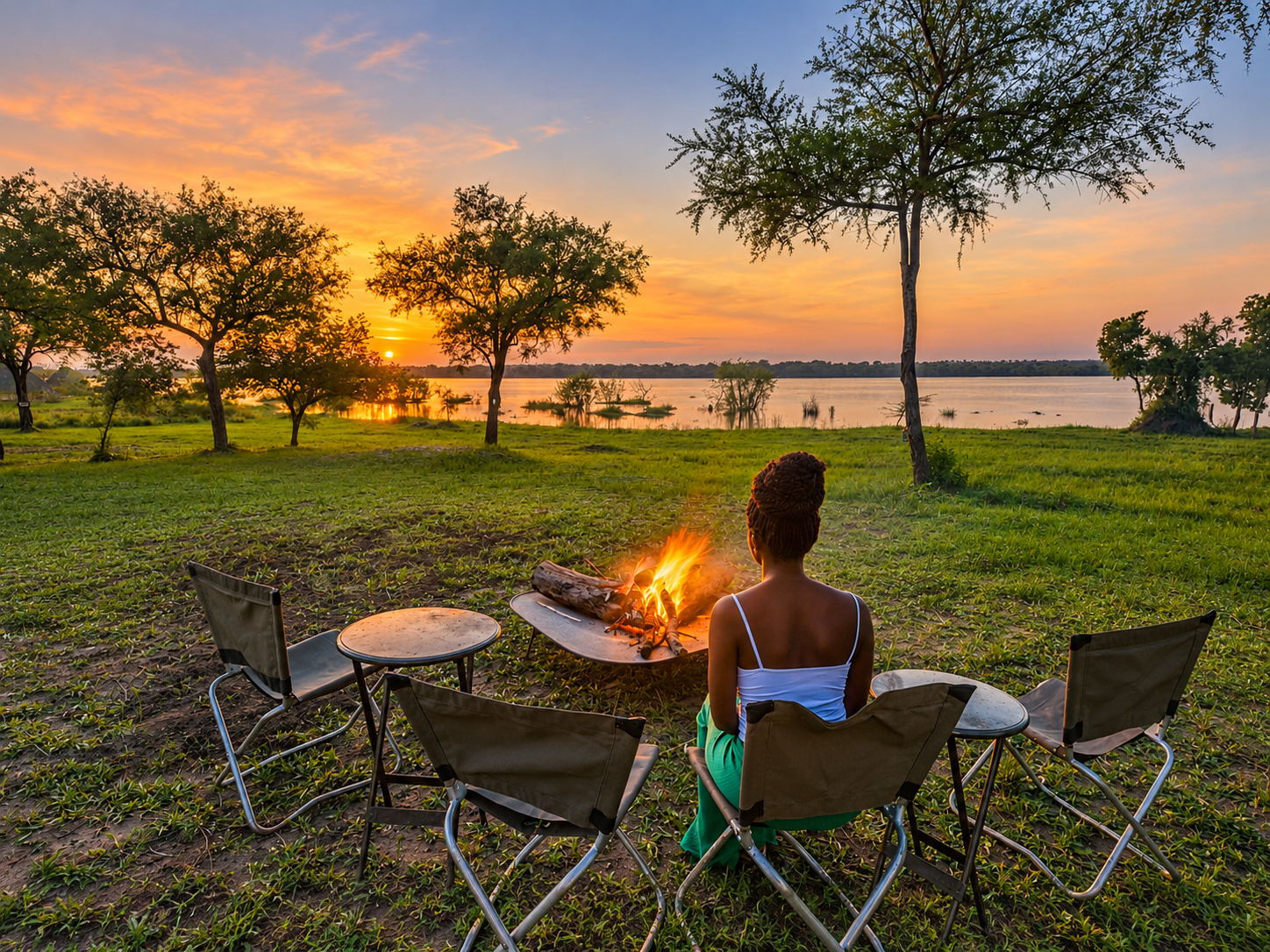 A woman sitting around a campfire with outdoor chairs beside a lake during sunset, with trees and a colorful sky.