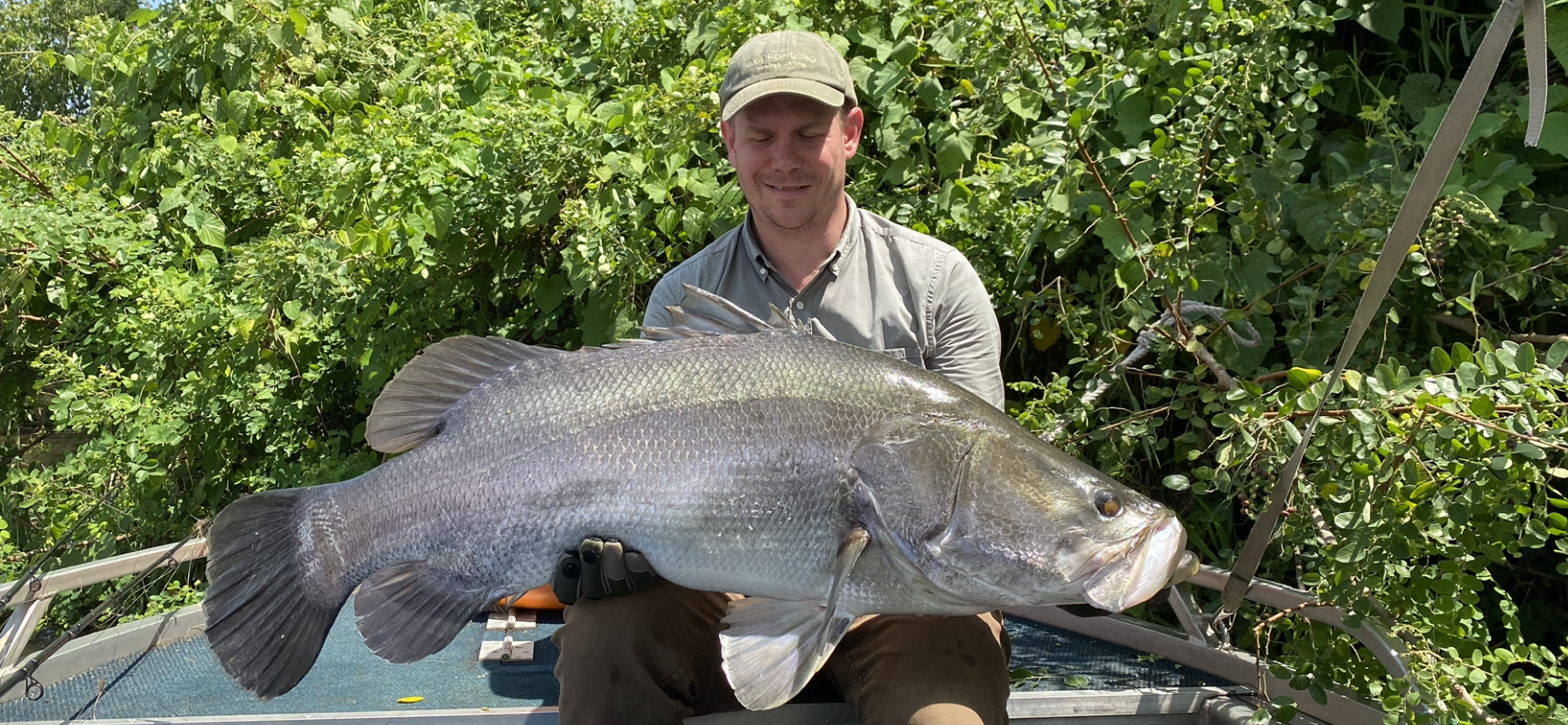 A man smiling while sitting on a boat and holding a large fish with green foliage in the background.