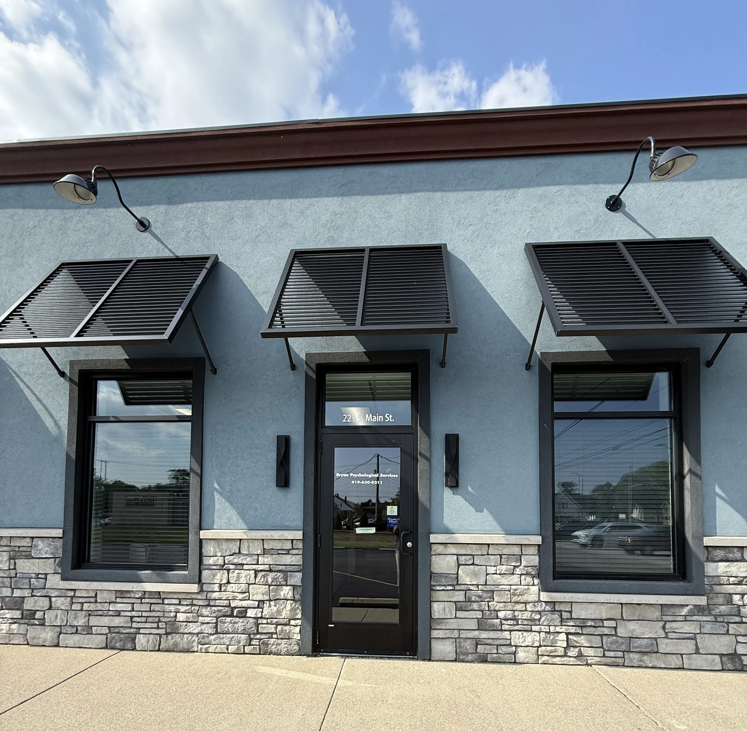 Exterior entrance of Bryan Psychological Services at 221 South Main Street in Bryan, Ohio