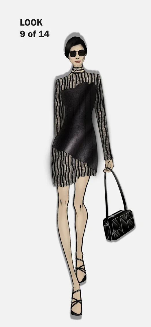 Top-bar detail sunglasses, stacked patent leather choker, lace and leather contrasting asymmetric mini dress with slashed neckline, patent leather bag with myriad chunky pocket detail, patent leather strappy sandals
