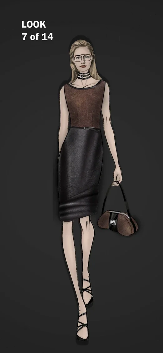 Top-bar detail optical glasses, stacked patent leather choker, contrasting leather dress with asymmetric peplum skirt, belt, and contrasting trim, distressed leather bag with patent leather trim and snake logo detail, patent leather strappy sandals
