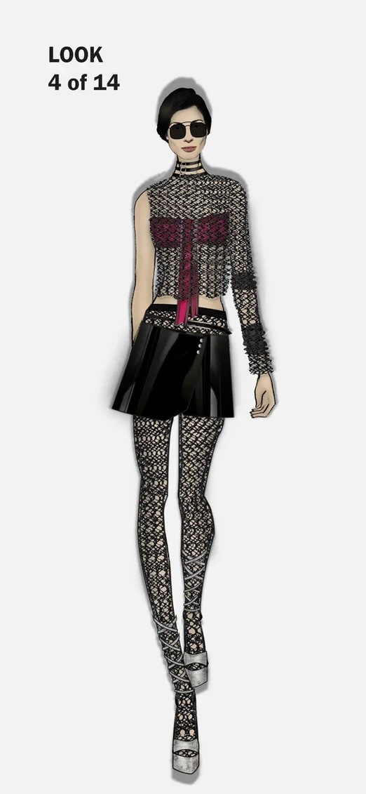 Top-bar detail sunglasses, stacked patent leather choker, stretch lace top with slashed neckline, gathered sleeve and raw hem, wrapped silk tube top with patent leather trim, stretch lace tights with elasticized waistband, one piece patent leather wr