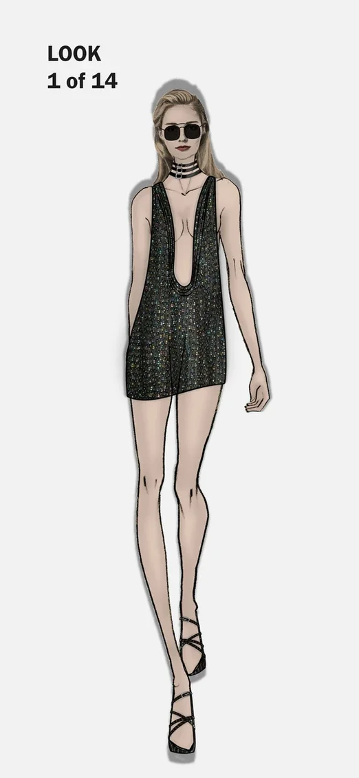 Top-bar detail sunglasses, stacked patent leather choker, iridescent beaded chiffon cowl neck mini dress, croc-emboss patent leather strappy sandals