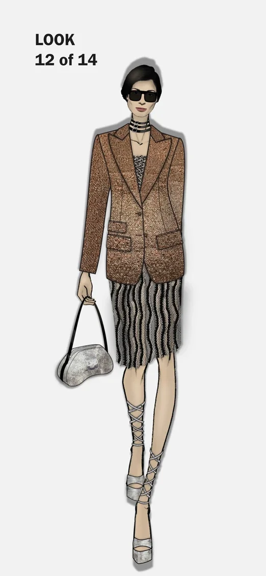 Chunky acetate square sunglasses, stacked patent leather choker, lurex tailored jacket with wide peak lapels and three pocket silhouette, stretch lace strapless top, lace skirt with patent leather waistband and distressed hem, metallicized leather ba