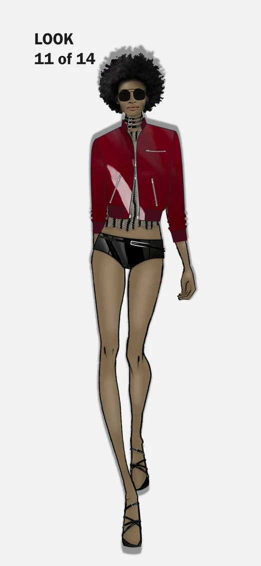 Top-bar detail sunglasses, stacked patent leather choker, patent leather cropped blouson bomber jacket, lace top with distressed hem, patent leather hot pants with adjoined belt, patent leather strappy sandals