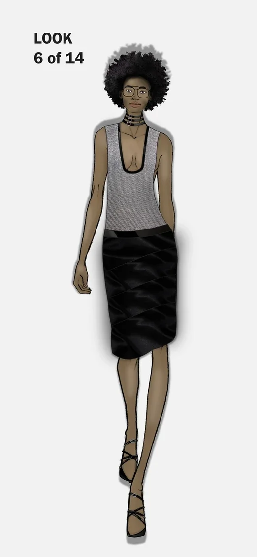 Top-bar detail optical glasses, stacked patent leather choker, lurex tank top with patent leather trim, folded and layered silk pencil skirt with patent leather waistband, patent leather strappy sandals