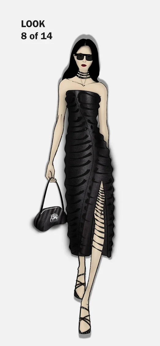 Chunky acetate square sunglasses, stacked patent leather choker, ruched leather midi dress with fringed slit, lambskin bag with patent leather strap and metal snake logo detail, croc-emboss patent leather strappy sandals