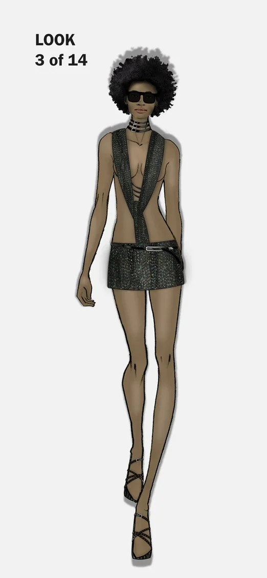 Chunky acetate square sunglasses, stacked patent leather choker, iridescent beaded chiffon wrapped mini dress with adjoining yarns and patent leather belt detail. croc-emboss patent leather strappy sandals