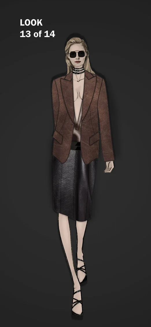 Top-bar detail sunglasses, stacked patent leather choker, distressed leather boyfriend fit jacket with wide peak lapels and single-button closure, silk top with super low wrap neckline, leather pencil skirt with seaming and patent leather double-wais