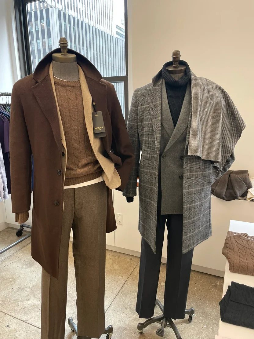 Double-face wool topcoat, cable sweaters