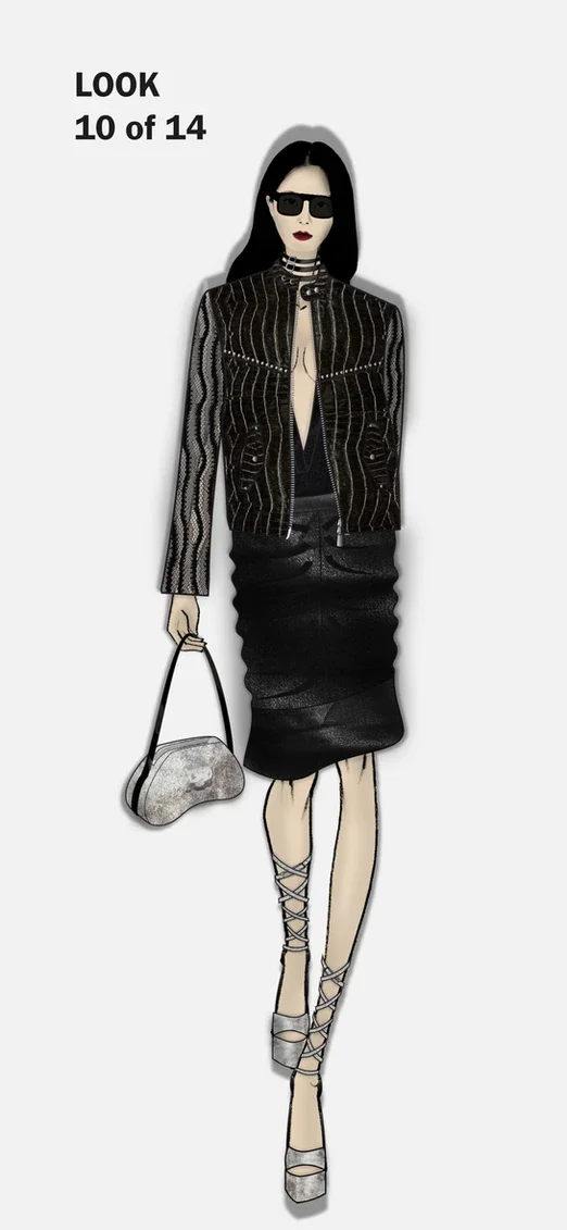 Chunky acetate square sunglasses, stacked patent leather choker, croc-emboss leather jacket with lace sleeves and stud detail, silk top with super low wrap neckline, ruched coated denim peplum pencil skirt with leather waistband, metallicized leather