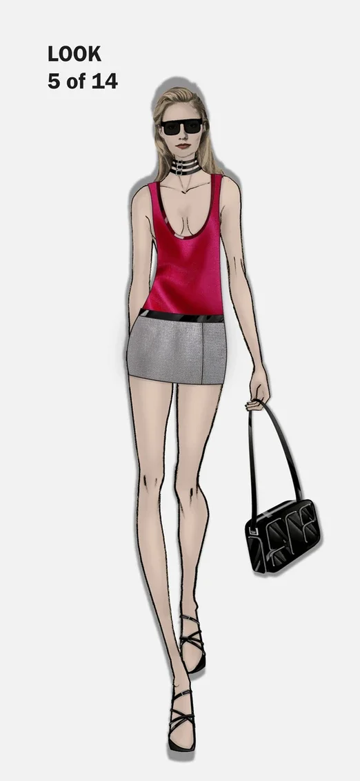 Chunky acetate square sunglasses, stacked patent leather choker, silk tank top with patent leather trim, lurex mini skirt with patent leather waistband, patent leather bag with myriad chunky pocket detail, patent leather strappy sandals
