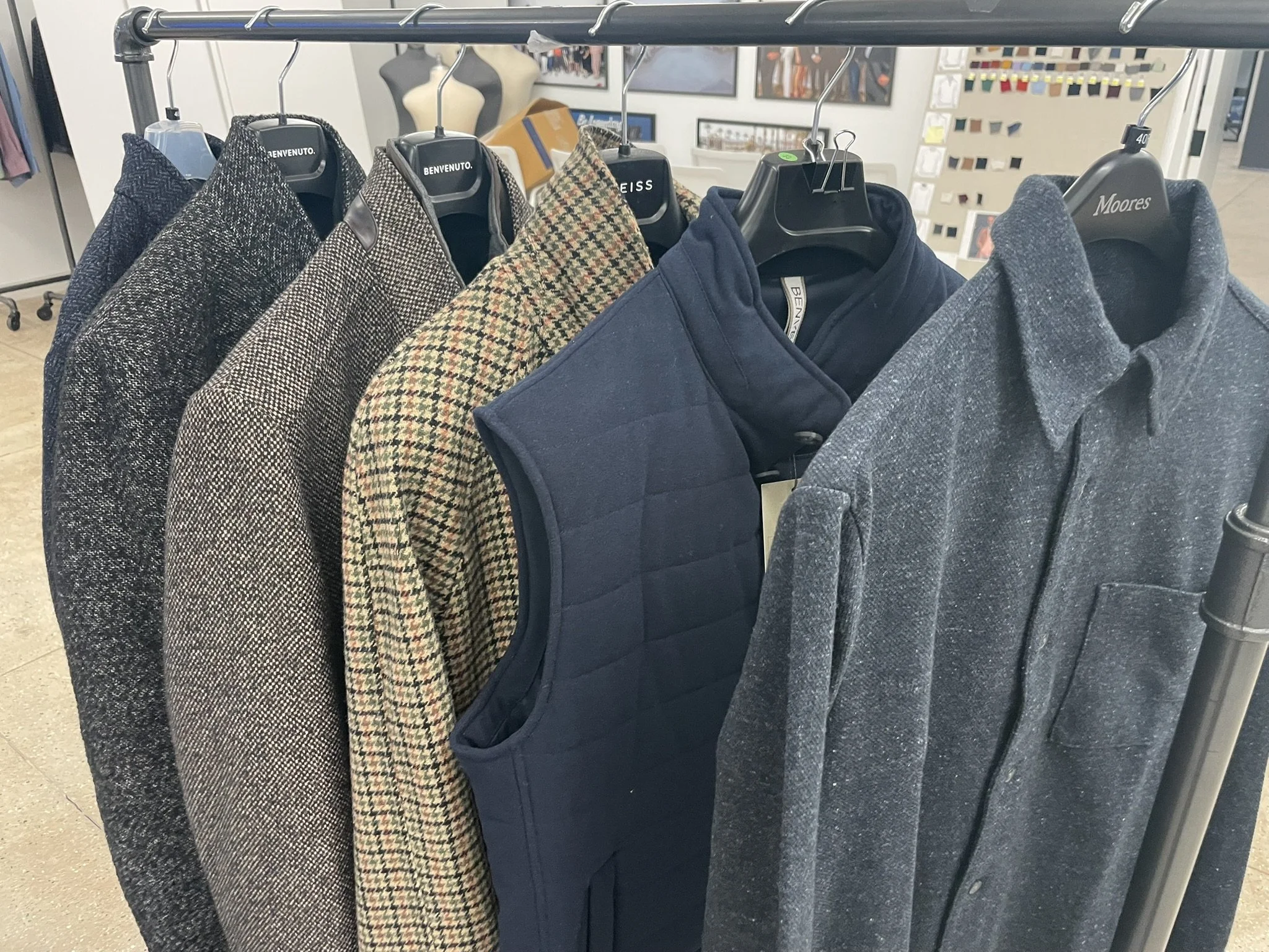 Twill, hopsack, and gun club topcoats, wool quilted vest